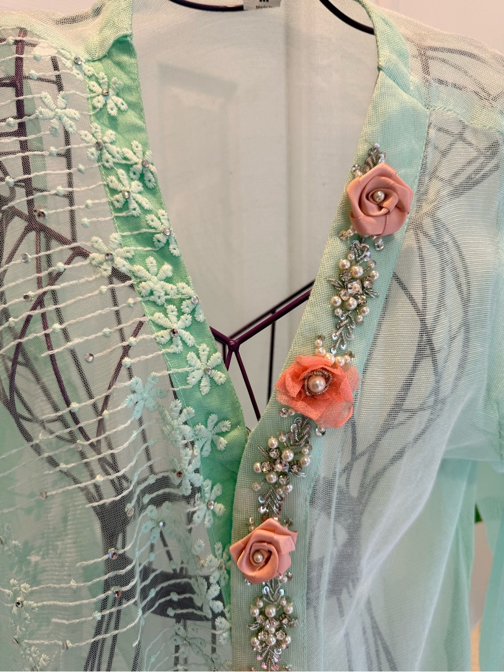 Cottage core Resort Wear VinageBrand Mint Sheer Floral Embellished Kimono Jacket - Picture 4 of 7